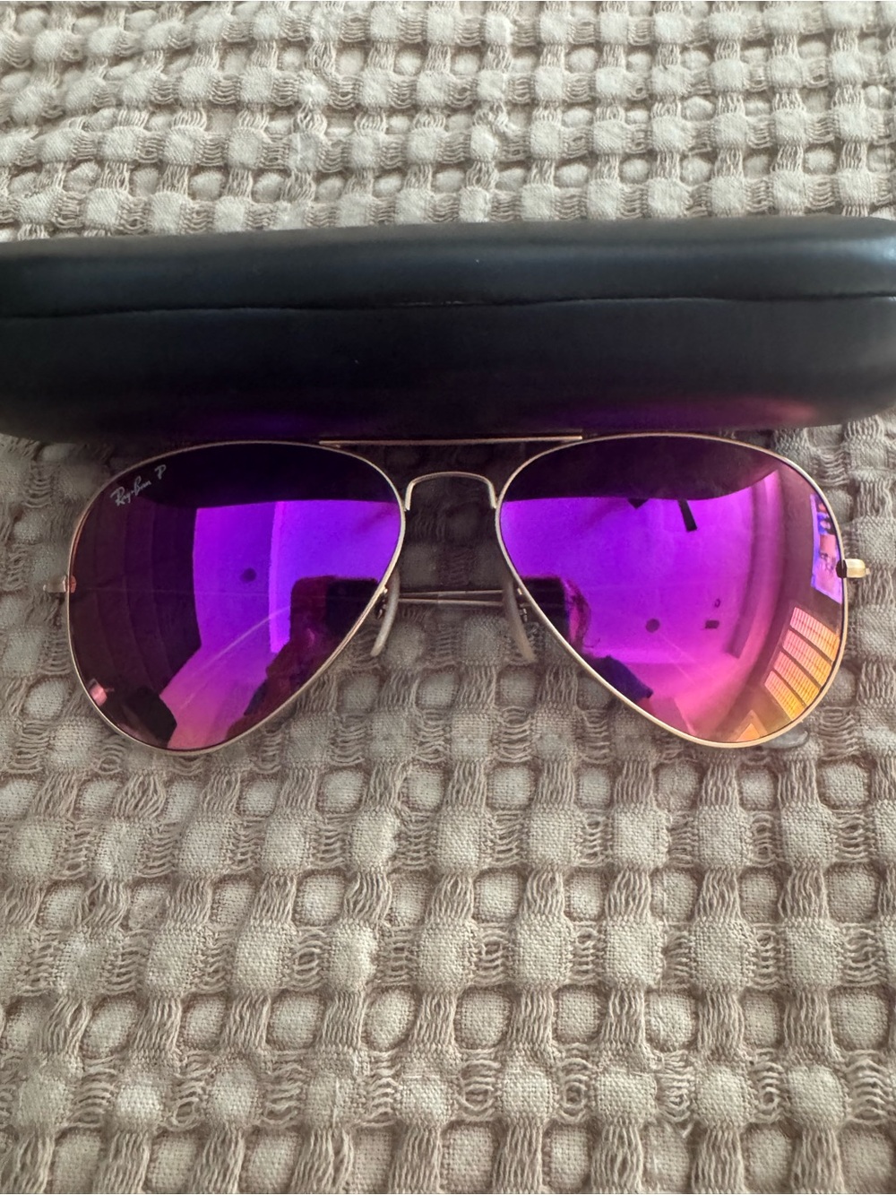Ray-Ban Gold Frame Sunglasses with Purple Mirrored Lenses